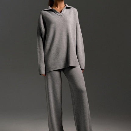 Women's Knitted Loungewear Set – Oversized Collared Sweater & Wide-Leg Elastic Waist Pants – Cozy Two-Piece Lounge Set