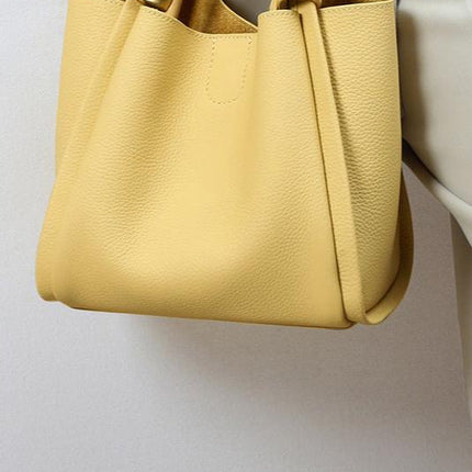 Genuine Leather Bucket Tote Bag for Women – Spacious Modern Handbag with Removable Inner Pouch & Gold Accents