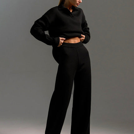 Women's Knitted Loungewear Set – Oversized Collared Sweater & Wide-Leg Elastic Waist Pants – Cozy Two-Piece Lounge Set