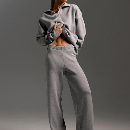 Women's Knitted Loungewear Set – Oversized Collared Sweater & Wide-Leg Elastic Waist Pants – Cozy Two-Piece Lounge Set