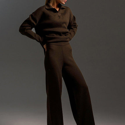 Women's Knitted Loungewear Set – Oversized Collared Sweater & Wide-Leg Elastic Waist Pants – Cozy Two-Piece Lounge Set