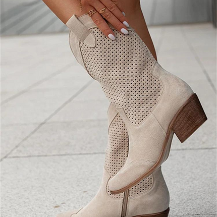 Josiane Women's White Cowboy Boots – Trendy Western Block Heels with Perforated Design