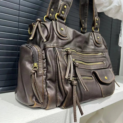 Luxe Brown Leather Shoulder Bag for Women – Spacious Handbag with Multiple Zip Compartments
