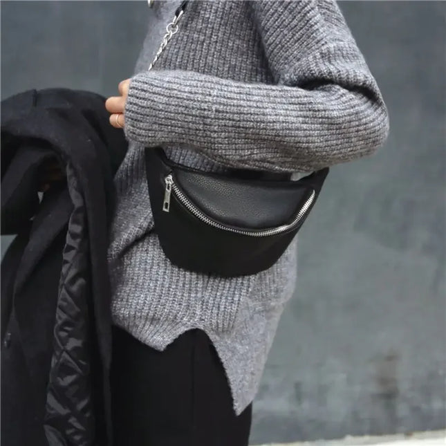 Black Crossbody Belt Bag with Subtle Chain Detail – Minimalist Faux Leather Waist Purse
