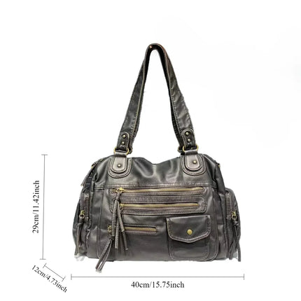 Luxe Brown Leather Shoulder Bag for Women – Spacious Handbag with Multiple Zip Compartments