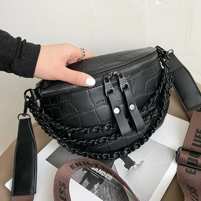 Black Braided PU Leather Crossbody Waist Bag – Adjustable Strap, Urban Style Fanny Pack for Women