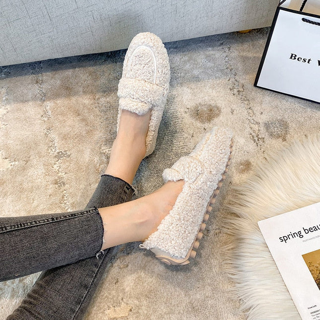 Women’s Fluffy Fur-Lined Loafers – Warm Winter Slip-On Slippers (Indoor & Outdoor)