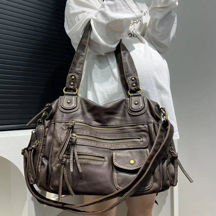 Luxe Brown Leather Shoulder Bag for Women – Spacious Handbag with Multiple Zip Compartments