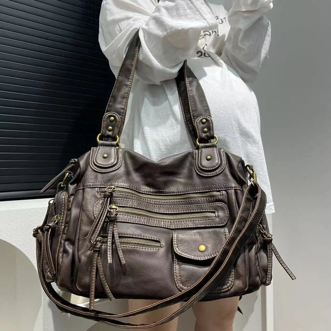 Luxe Brown Leather Shoulder Bag for Women – Spacious Handbag with Multiple Zip Compartments