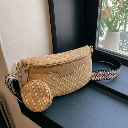 Boho Raffia Crossbody Fanny Pack with Mini Pouch – Adjustable Waist & Shoulder Bag for Women