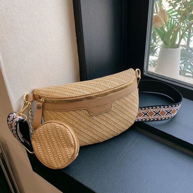 Boho Raffia Crossbody Fanny Pack with Mini Pouch – Adjustable Waist & Shoulder Bag for Women