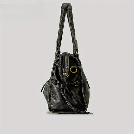 Black PU Leather Handbag With Metal Buckles – Stylish & Functional Women’s Everyday Bag