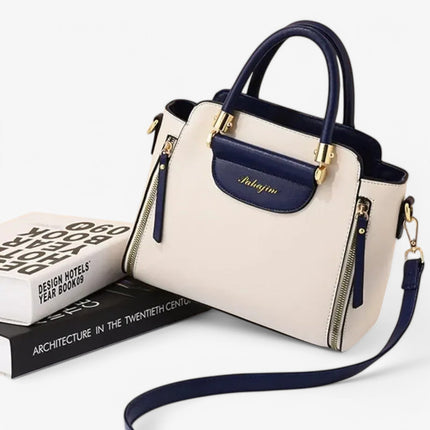 Chic Vegan Leather Handbag with Contrasting Colors – Stylish & Functional Tote Bag