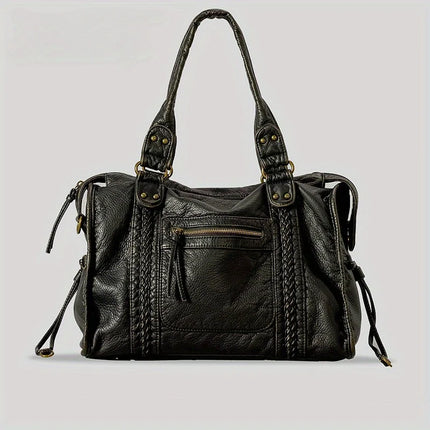 Black PU Leather Handbag With Metal Buckles – Stylish & Functional Women’s Everyday Bag