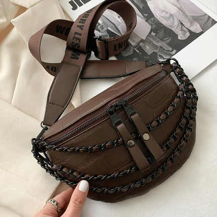 Black Braided PU Leather Crossbody Waist Bag – Adjustable Strap, Urban Style Fanny Pack for Women
