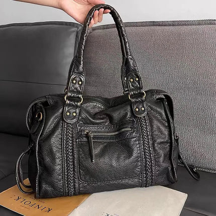 Black PU Leather Handbag With Metal Buckles – Stylish & Functional Women’s Everyday Bag