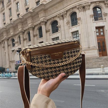 Brown & Beige Houndstooth Fanny Pack Belt Bag – Women’s Crossbody Waist Bag