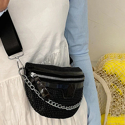 Trendy Black Crossbody Waist Bag with Chain Strap – Stylish Faux Leather Belt Bag for Women