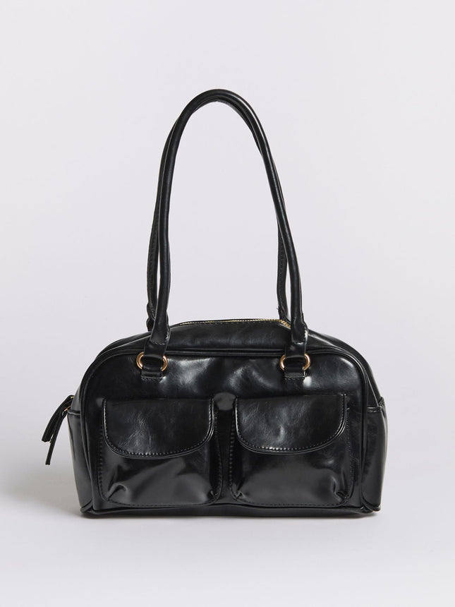 Vegan Leather Black Handbag with Dual Front Pockets – Stylish & Spacious