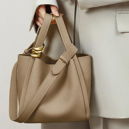 Genuine Leather Bucket Tote Bag for Women – Spacious Modern Handbag with Removable Inner Pouch & Gold Accents
