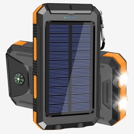 Solar Power Bank 20,000mAh – Waterproof Portable Charger with Dual USB Ports, LED Flashlight & Carabiner – Ideal for Camping, Hiking & Outdoor Adventures