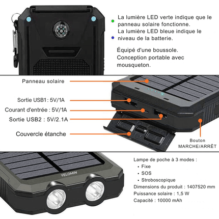 Solar Power Bank 20,000mAh – Waterproof Portable Charger with Dual USB Ports, LED Flashlight & Carabiner – Ideal for Camping, Hiking & Outdoor Adventures