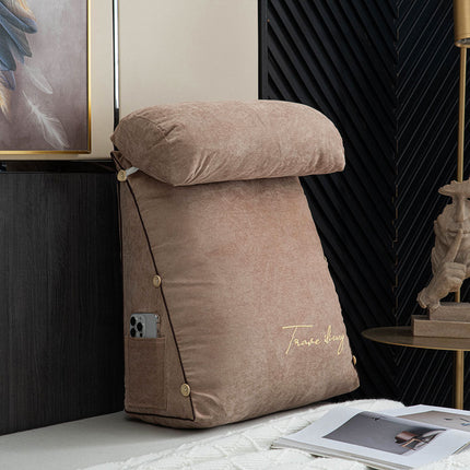 Large Triangle Reading Pillow Backrest Cushion with Head Roll & Side Pockets – Ergonomic Bed & Sofa Support