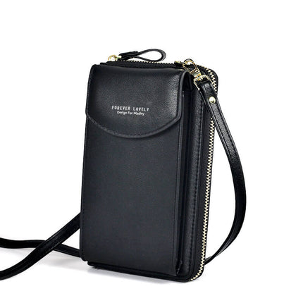 Compact PU Leather Crossbody Bag for Women – Adjustable Strap, Multiple Pockets, Gold Accents