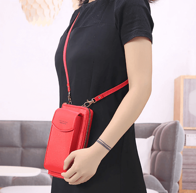 Compact PU Leather Crossbody Bag for Women – Adjustable Strap, Multiple Pockets, Gold Accents