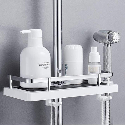 Adjustable No-Drill Shower Shelf Organizer – Compact Rustproof Bathroom Storage Rack with Strong Suction Mount