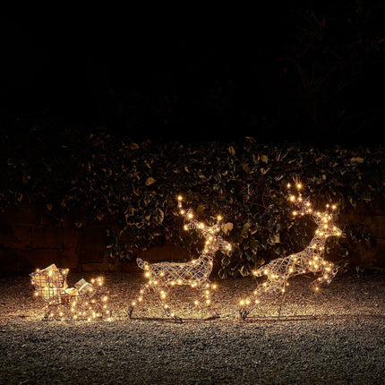 LED Reindeer with Sleigh – 240 Warm-White LED Lights – Indoor/Outdoor Holiday Yard Décor – 26.8" × 34.3" × 5.5" + Sleigh 12.2" × 19.7" × 7.1"