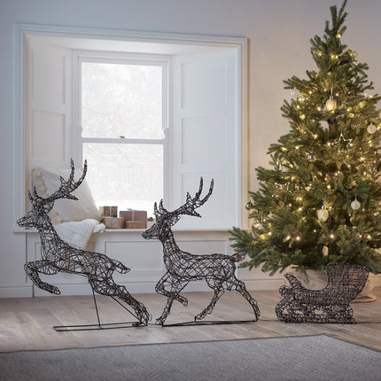 LED Reindeer with Sleigh – 240 Warm-White LED Lights – Indoor/Outdoor Holiday Yard Décor – 26.8" × 34.3" × 5.5" + Sleigh 12.2" × 19.7" × 7.1"