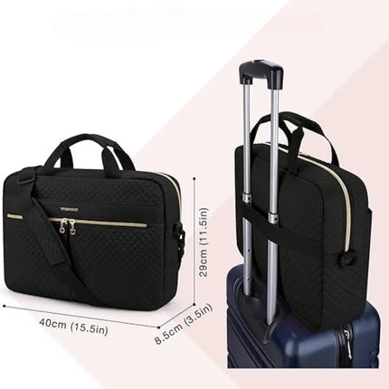Elegant 16" Black Laptop Tote for Women – Gold Accents, Padded Protection, Adjustable Strap