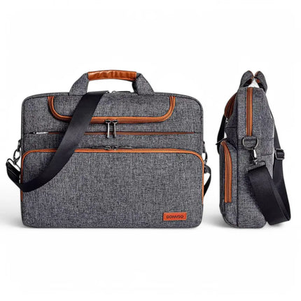 16" Grey Laptop Bag for Men – Water-Resistant, Slim Briefcase with Cognac Accents