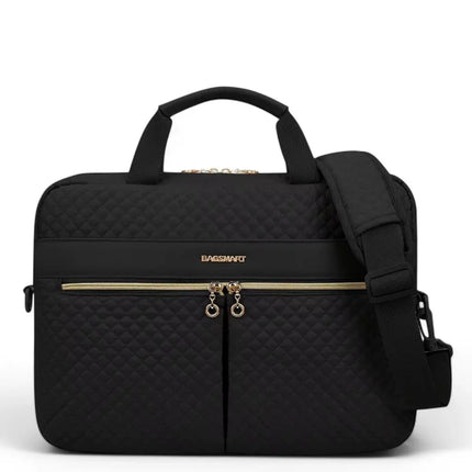 Elegant 16" Black Laptop Tote for Women – Gold Accents, Padded Protection, Adjustable Strap
