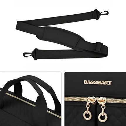 Elegant 16" Black Laptop Tote for Women – Gold Accents, Padded Protection, Adjustable Strap